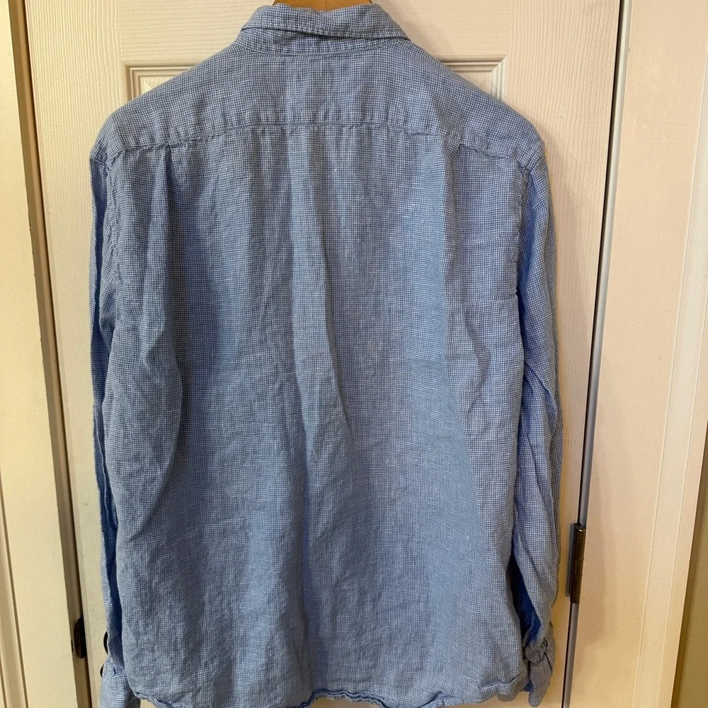 J Crew Mens Linen Blend Button Down Shirt Blue Gingham Plaid Long Sleeve Size L